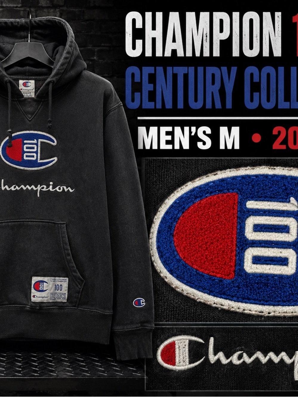 Champion Black Hoodie with Red & Blue Logo
